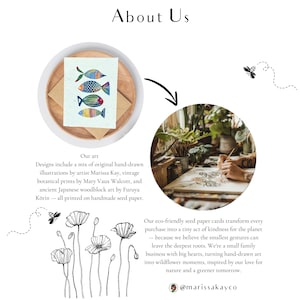 May include: The image features a circular arrangement with a watercolor painting of colorful fish, a drawing of flowers, and the text "About Us." The text describes the art as hand-drawn illustrations printed on handmade seed paper.