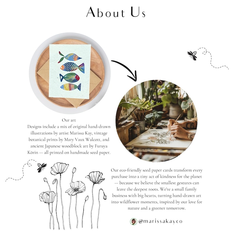 May include: The image features a circular arrangement with a watercolor painting of colorful fish, a drawing of flowers, and the text "About Us." The text describes the art as hand-drawn illustrations printed on handmade seed paper.