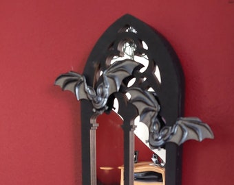Unique Gothic Arch Window Mirror Vampire Bat Tealight Candle Holder Wall Décor