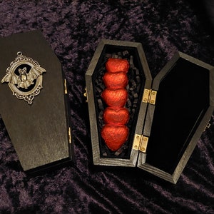 Beautiful Gothic Valentine Wedding Wooden Coffin Storage Trinket Box with Bat and Heart Chocolates Halloween Vampire