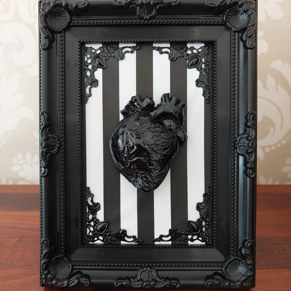 Unique Gothic Halloween Black White Stripe Framed Anatomical Human Heart Valentine's