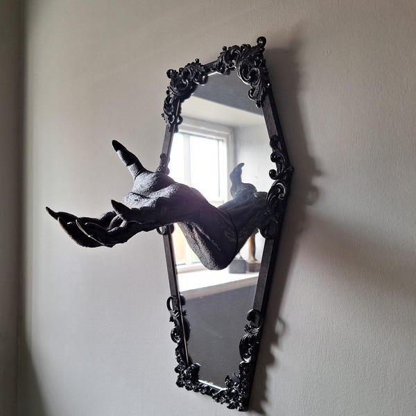 Gothic Coffin Mirror Jewellery Hanger: Spooky Witch Hand Holder