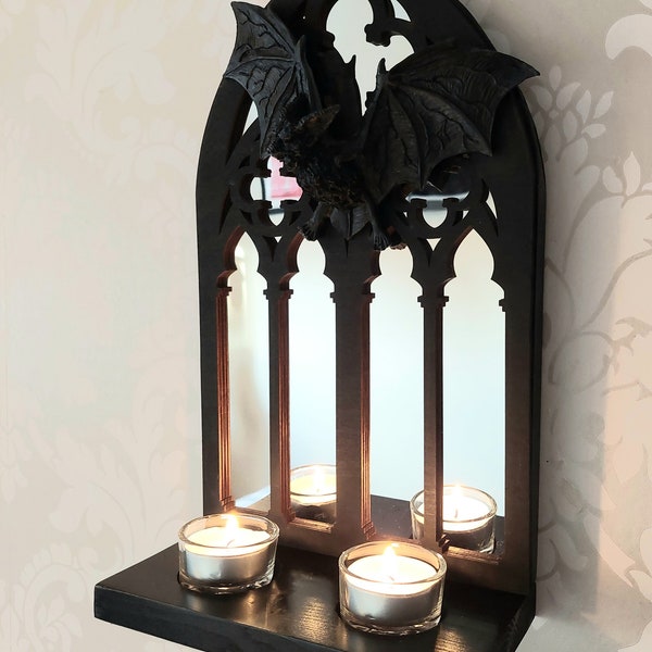 Unique Gothic Arch Window Mirror Vampire Bat Tealight Candle Holder Wall Décor