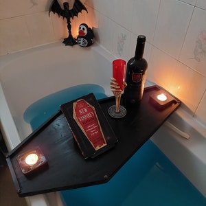 Gothic Vampire Coffin Bath Tray Caddy with Book Tablet Phone Stand