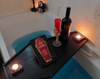 Gothic Vampire Coffin Bath Tray Caddy with Book Tablet Phone Stand