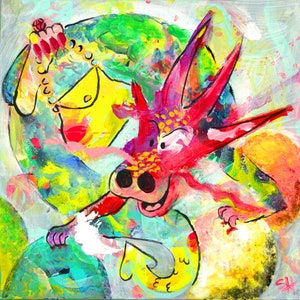 May include: A whimsical painting of a red dragon with yellow and green accents. The dragon is depicted with a playful expression and a curled tail. The background is a vibrant mix of colours, including blue, green, yellow, and pink.