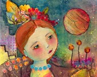 Whimsical Girl Limited Edition Fine art Print, Jupiter, Outer Space, Orange, Blue, Bold Decor, Giclee, Numbered, Steph Joy Hogan