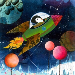 Space Penguin Rocket Limited Edition Fine Art Print, Nursery Decor, Kids Room, Baby Shower Gift