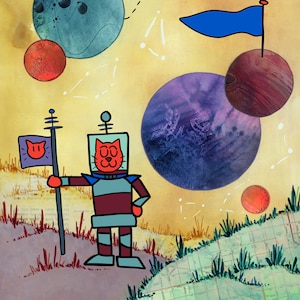 Space Cat Bellas Artes Impresión, Astronauta, Planetas, Espacio Exterior, Decoración Audaz, Giclee, Steph Joy Hogan, Daniel J. Hogan, Clattertron