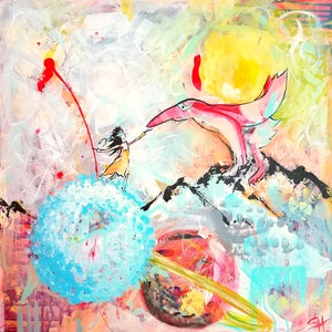 Brave Girl and her Phoenix, Space bird with Sun, Planets and Moons, Celestial Nursery, Girls Room Kids, Inspirational Art, Steph Joy Hogan