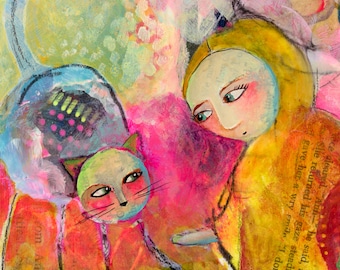 Cat Lover, Limited Edition Fine Art Print, Animal, Pet, Girl, Yellow, Pink, Whimsical Bold Decor, Giclee, Numbered, Steph Joy Hogan