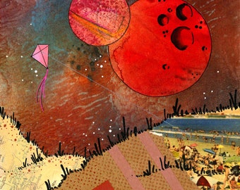 Sci Fi outer space themed wall art, Pink Kite on Hampton Beach, Planets Moons, Earthy Cosmic Decor, Whimsical Landscape, Steph Joy Hogan