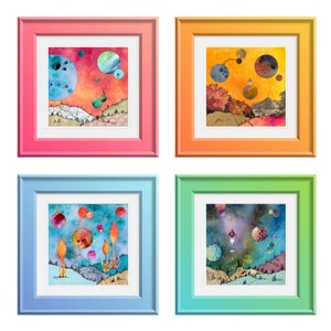 Whimsical outer space and under sea art print, Koi pond goldfish, Tropical coral reef, bubble helmet astronaut, Steph Joy Hogan, Scrapscapes image 7