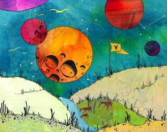 Outer Space Landscape with animals, Limited Edition Fine Art Print, Kids Room Nursery, Scrapscape, Whimsical Decor, Steph Joy Hogan