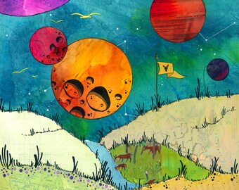 Outer Space Landscape with animals, Limited Edition Fine Art Print, Kids Room Nursery, Scrapscape, Whimsical Decor, Steph Joy Hogan