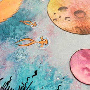 Whimsical outer space and under sea art print, Koi pond goldfish, Tropical coral reef, bubble helmet astronaut, Steph Joy Hogan, Scrapscapes image 6