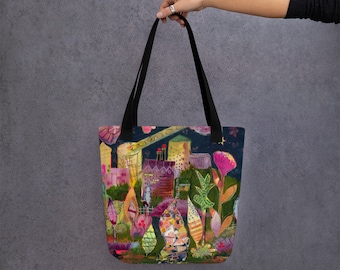 Library Book Bag, Grocery Shopping Tote, Whimsical Landscape, Project Bag, Steph Joy Hogan
