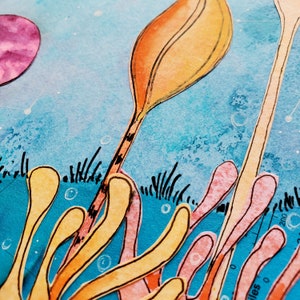 Whimsical outer space and under sea art print, Koi pond goldfish, Tropical coral reef, bubble helmet astronaut, Steph Joy Hogan, Scrapscapes image 5