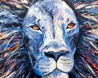 African Lion Painting Limited Edition Fine Art Print, Periwinkle Blue, Leo Dorm Room Decor, Jungle Safari, Numbered Giclee, Steph Joy Hogan