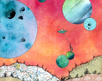 Whimsical outer space landscape art print, Flying saucer, Nebula planets moons, Solar System, Plant lover, Steph Joy Hogan, Scrapscapes