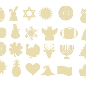 May include: A set of 24 wooden cutouts in a light beige color, featuring various holiday and seasonal shapes, including a pumpkin, a snowman, a snowflake, a Christmas tree, a baseball, a heart, a star of David, a shamrock, a turkey, a deer, a menorah, a cat, a sun, an egg, a rabbit, an angel, a football, a hat, a pineapple, a witch's hat, and a flag.