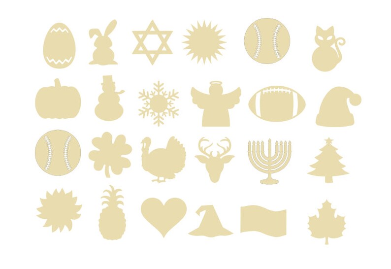 May include: A set of 24 wooden cutouts in a light beige color, featuring various holiday and seasonal shapes, including a pumpkin, a snowman, a snowflake, a Christmas tree, a baseball, a heart, a star of David, a shamrock, a turkey, a deer, a menorah, a cat, a sun, an egg, a rabbit, an angel, a football, a hat, a pineapple, a witch's hat, and a flag.