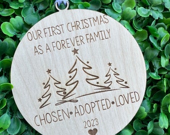 Adoption Ornament: First Christmas Family Gift, Laser Cut Birch Wood