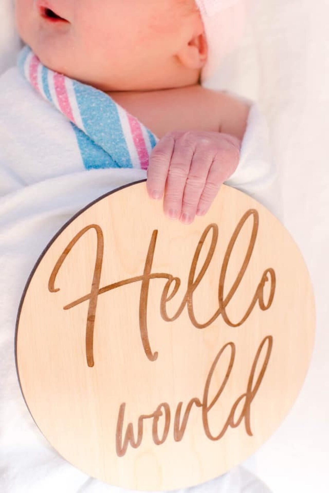 Baby Announcement Wooden Sign - Hello World - Wooden Round - Newborn ...