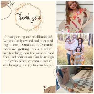 May include: A collage of images showcasing a family-owned small business that creates custom wooden signs. The first image features a thank you message with a gold and brown geometric design. The second image shows a young girl holding a wooden sign with the number 2022. The third image shows a family of four standing in front of a wooded background, holding a wooden sign that says "Happy Holidays". The fourth image shows a young girl working on a table with a variety of wooden signs.