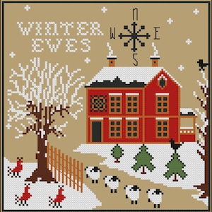 May include: Cross-stitch design depicting a red house with a snow-covered roof, a compass rose, and the text "WINTER EWES." The scene includes sheep, birds, trees, and a fence, set against a beige background with falling snow.