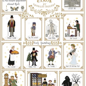 May include: A white cross-stitch pattern featuring characters from Charles Dickens's A Christmas Carol. The characters include Ebenezer Scrooge, Tiny Tim, Jacob Marley, Bob Cratchit, Mrs. Cratchit, and the Ghosts of Christmas Past, Present, and Yet to Come. The title of the pattern is "A Christmas Carol by Charles Dickens".