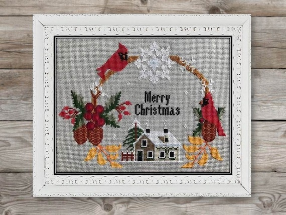 クロスステッチ【完成品】クリスマスリース鳥と松ぼっくり クロスステッチ【完成品】クリスマスリース鳥と松ぼっくり
