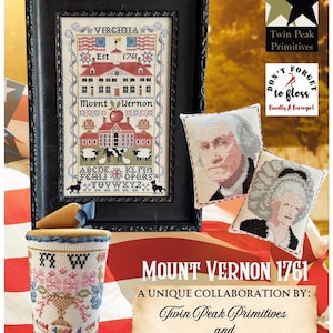 Könnte beinhalten: Ein Kreuzstichmuster für einen Sampler mit einem Haus mit dem Text "Mount Vernon 1761" und den Worten "Virginia Est 1761" darüber. Der Sampler enthält auch einen roten Apfel, ein Schulhaus und das Alphabet. Das Muster ist eine Zusammenarbeit von Twin Peak Primitives und Finally A Farm Girl.