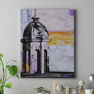 May include: A black and white painting of a domed building with a purple, yellow, and white background.
