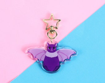 Chauve-souris violette - porte-clés en acrylique, joli porte-clés avec fermoir étoile, porte-clés d'Halloween kawaii, porte-clés chauve-souris lumineux et coloré, cadeau d'Halloween