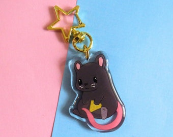 Rat noir - porte-clés en acrylique, joli porte-clés avec fermoir étoile, porte-clés d'Halloween kawaii, porte-clés rat lumineux et coloré, cadeau d'Halloween