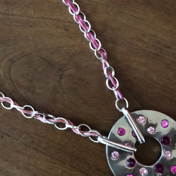 collier girly pink, argent et strass