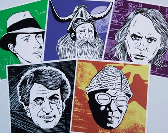 May include: A collection of five square art prints featuring stylized black and white portraits on various colored backgrounds. The portraits include a man in a fedora, a Viking, and others, with a graphic design style.