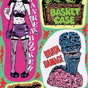 Op de afbeelding: Een set van vier stickers met horrorfilmfiguren en titels. De stickers zijn op een groene achtergrond met rode en witte spetters. De stickers tonen een vrouw in een paarse outfit met de tekst "Frank N Hooker", een groen wezen in een mand met de tekst "Basket Case", een blauw wezen met een brein met de tekst "Brain Damage", en een bruine en gele vlek met de tekst "Frank Henenlotter". De tekst "Stickers!" en "www.gazooshop.com" staat onderaan de afbeelding.
