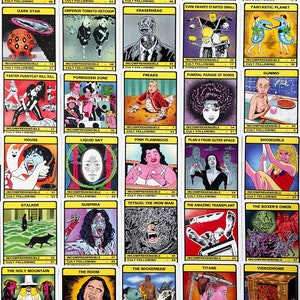 May include: A set of 30 illustrated cards featuring cult classic films. Each card has a title, a small image, and text describing the film's cult following and critical acclaim. The cards are printed on white cardstock with yellow borders.