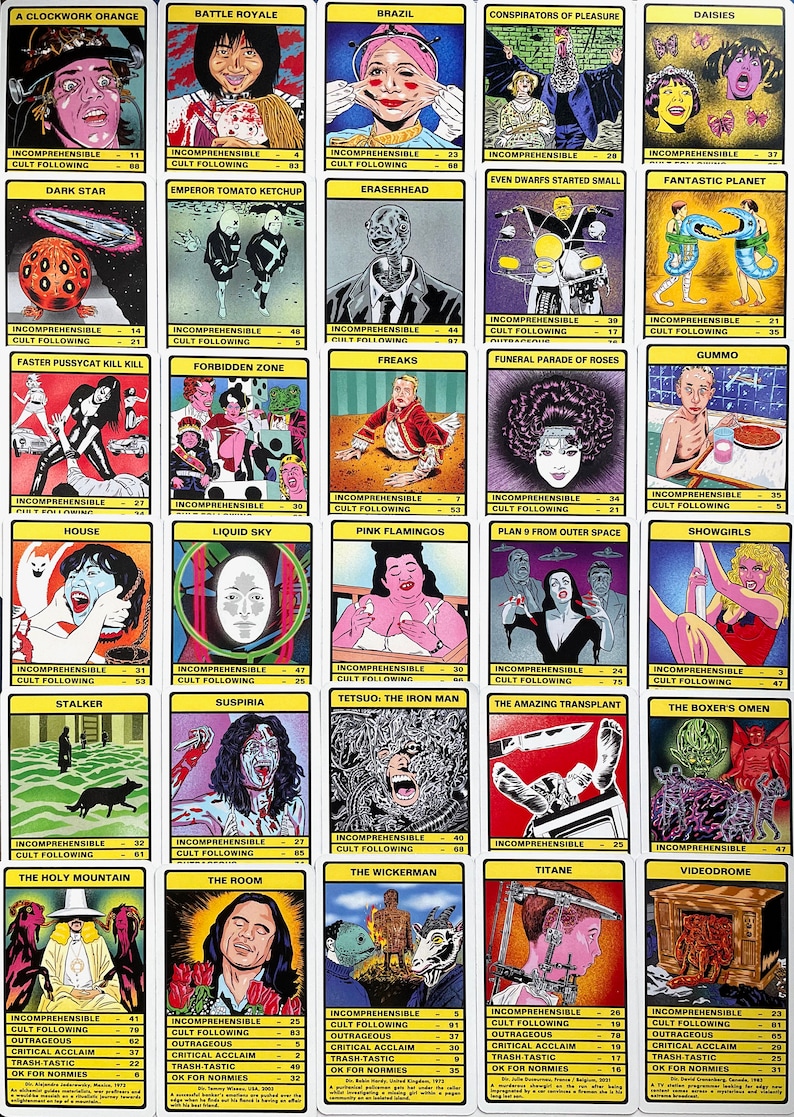 May include: A set of 30 illustrated cards featuring cult classic films. Each card has a title, a small image, and text describing the film's cult following and critical acclaim. The cards are printed on white cardstock with yellow borders.