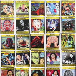 May include: A set of 36 illustrated cards featuring cult classic horror films. Each card features a black and white illustration of a scene from the film, along with the film's title and a rating for how incomprehensible and cult following the film is.