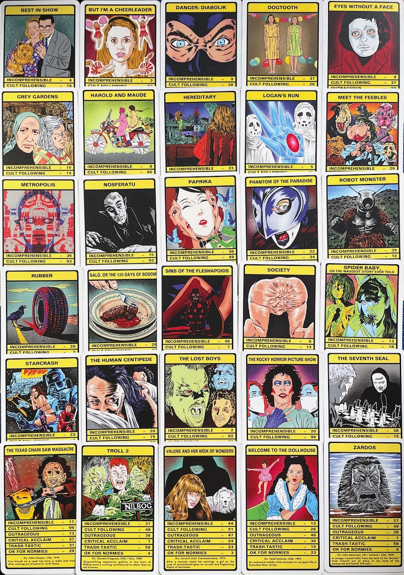 May include: A set of 36 illustrated cards featuring cult classic horror films. Each card features a black and white illustration of a scene from the film, along with the film's title and a rating for how incomprehensible and cult following the film is.