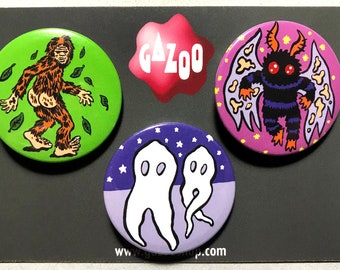 CRYPTIDS - Set of 3 Pin Badges (1.5&quot;/38mm) Mothman! Bigfoot! Fresno Nightcrawlers!