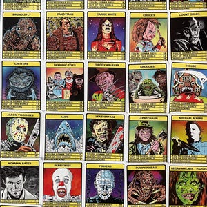 May include: A set of 25 trading cards featuring illustrations of horror movie characters. Each card has a different character, including Freddy Krueger, Jason Voorhees, Pennywise, and Michael Myers. The cards are colourful and feature a variety of styles.