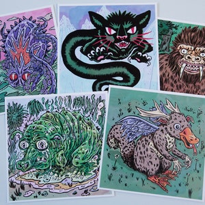 CRYPTIDS - Set van 5 miniposterkaarten (SET 2) (The Kraken, The Squonk, Tatzelwurm, Yeti, Wolpertinger)