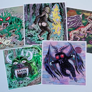 CRÍPTIDOS - Juego de 5 minitarjetas tipo póster (SET 1) (Mothman, Sasquatch/Big Foot, El Chupacabra, Hodag, The Jersey Devil)