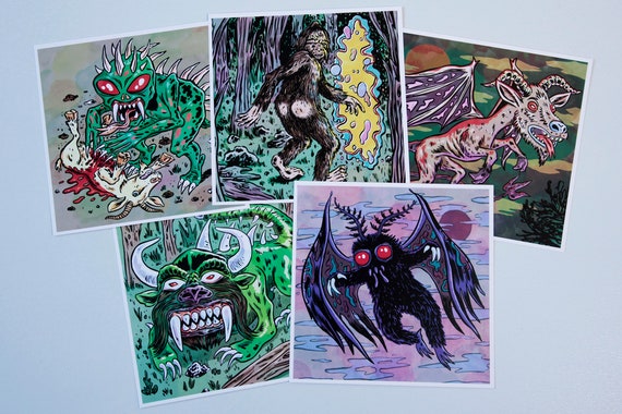 CRYPTIDS - Set of 5 Mini-poster Cards (SET 1) (mothman, Sasquatch