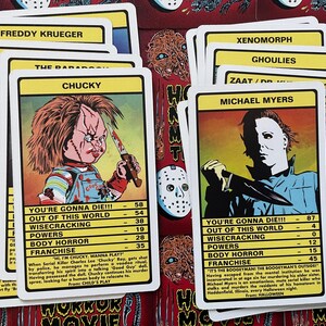 May include: A set of colourful trading cards featuring horror movie characters such as Chucky, Michael Myers, and Freddy Krueger. Each card has a character illustration, stats, and a short description of the character's backstory.