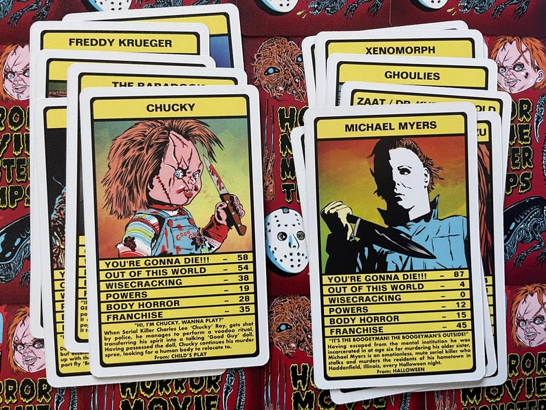 May include: A set of colourful trading cards featuring horror movie characters such as Chucky, Michael Myers, and Freddy Krueger. Each card has a character illustration, stats, and a short description of the character's backstory.